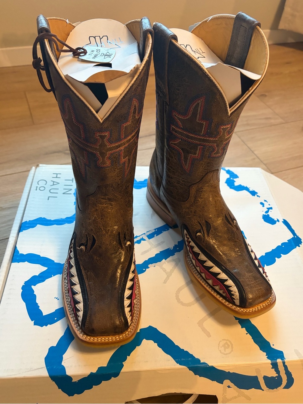 Tin Haul Brown Western Boots with Red & White Shark-Tooth Toe